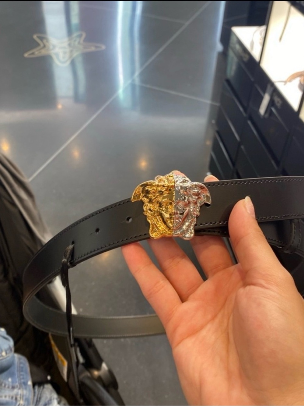 Versace Black Leather Belt with Two-Tone Gold & Silver Medusa Buckle